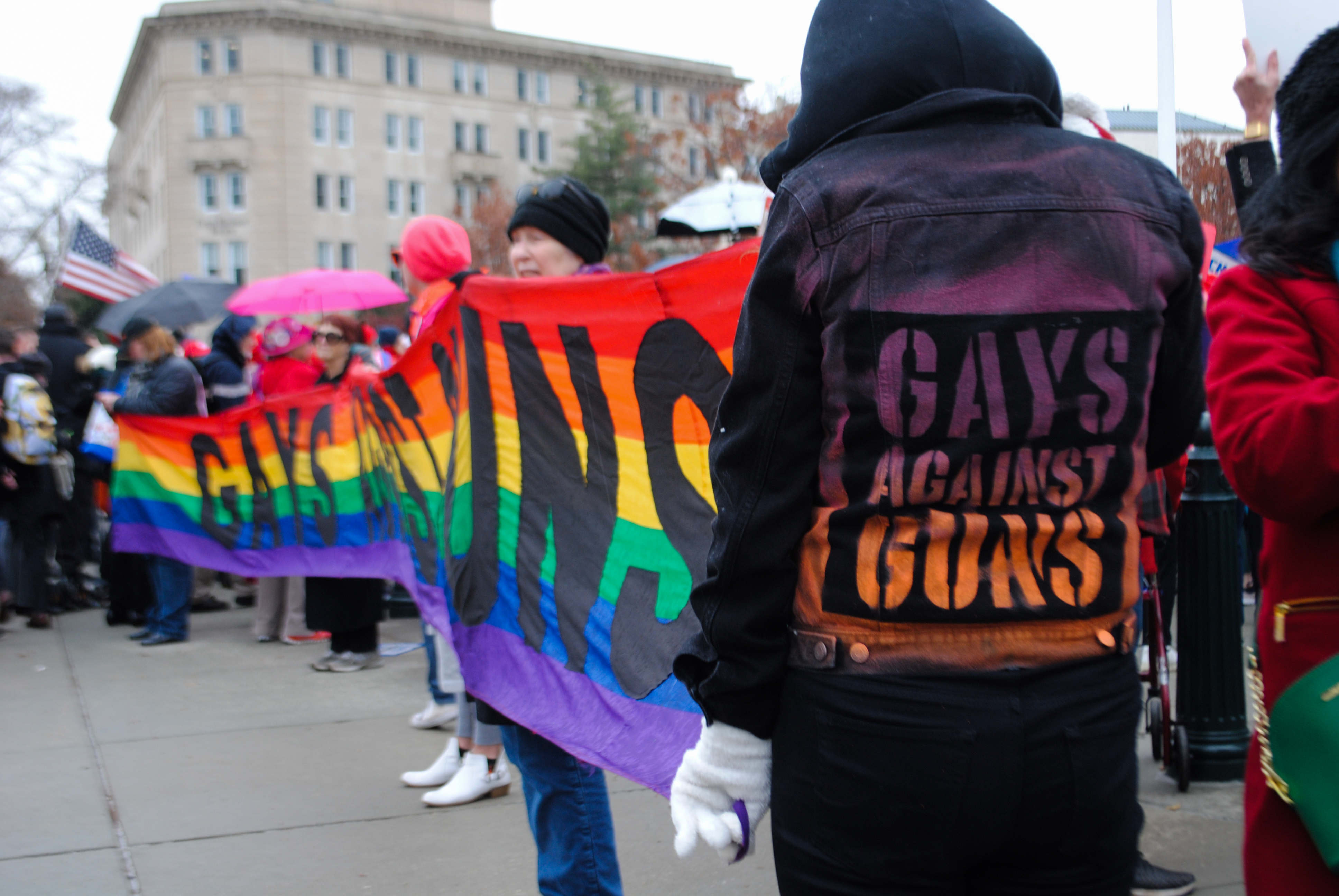 A person, with their back to the camera, holds up a rainbow colored banner. The back of their sweater reads: Gays against guns.